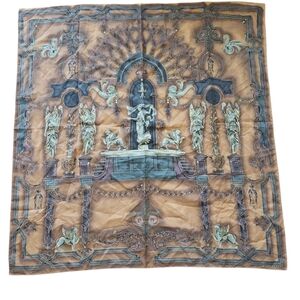 Ellen Tracy Ornate Design Scarf in Brown and Blue Vintage. Silk